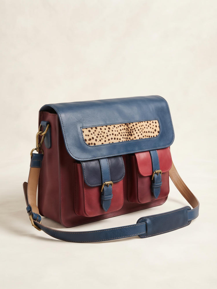 Multicoloured Leather Messenger Bag, Boho Laptop Crossbody Briefcase, Unique Cowhide Purse Colour Block, Medium 12" Satchel Women
