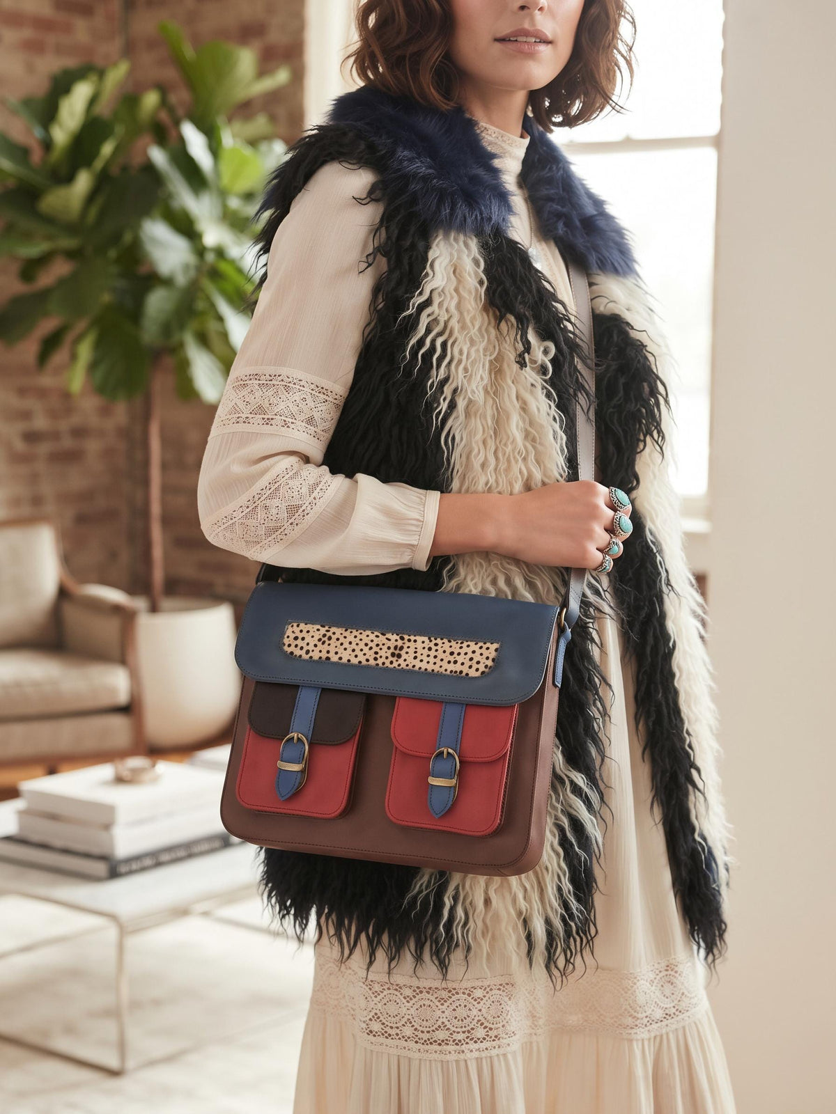Multicoloured Leather Messenger Bag, Boho Laptop Crossbody Briefcase, Unique Cowhide Purse Colour Block, Medium 12" Satchel Women