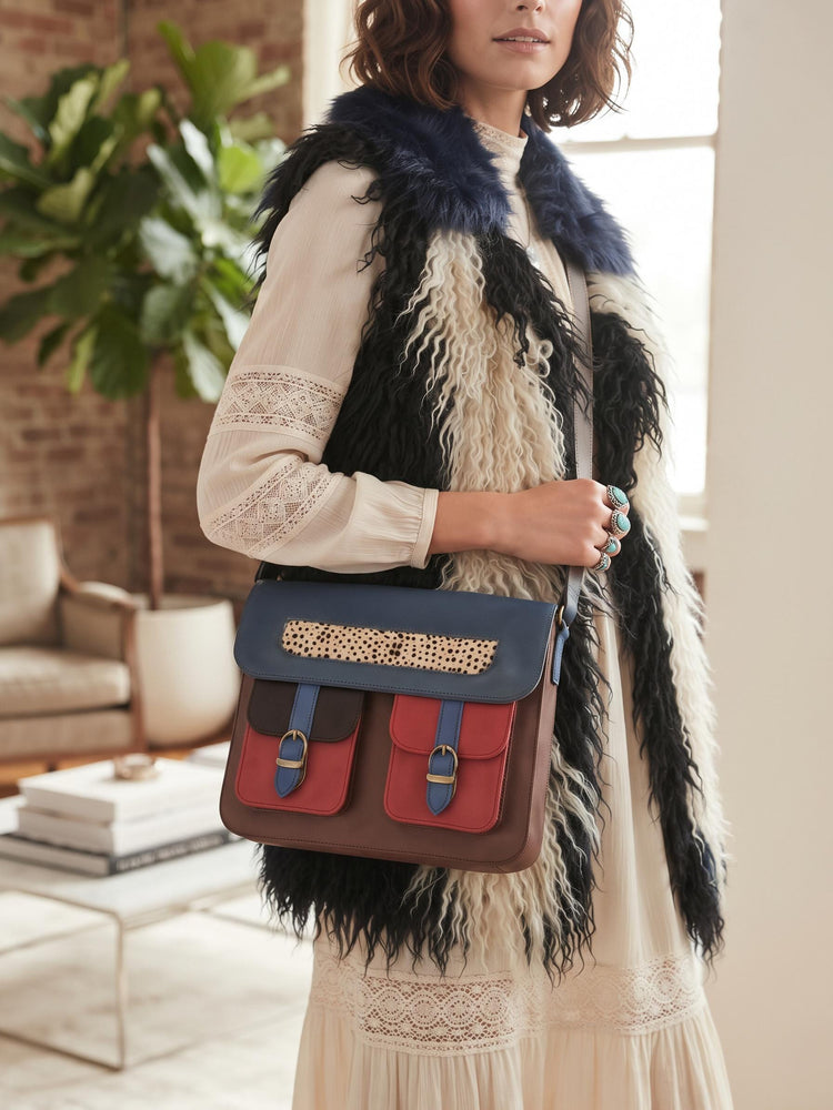 Multicoloured Leather Messenger Bag, Boho Laptop Crossbody Briefcase, Unique Cowhide Purse Colour Block, Medium 12" Satchel Women