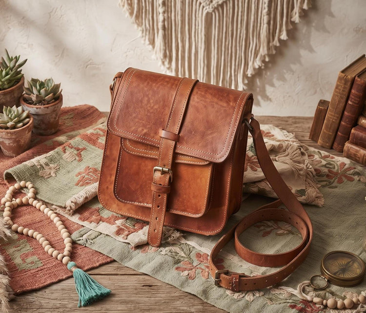 Vintage Leather Satchel, Large Boho Shoulder Bag, Western Leather Bag, Hippie Crossbody Purse, Tan Leather Bag, Retro Festival Bag