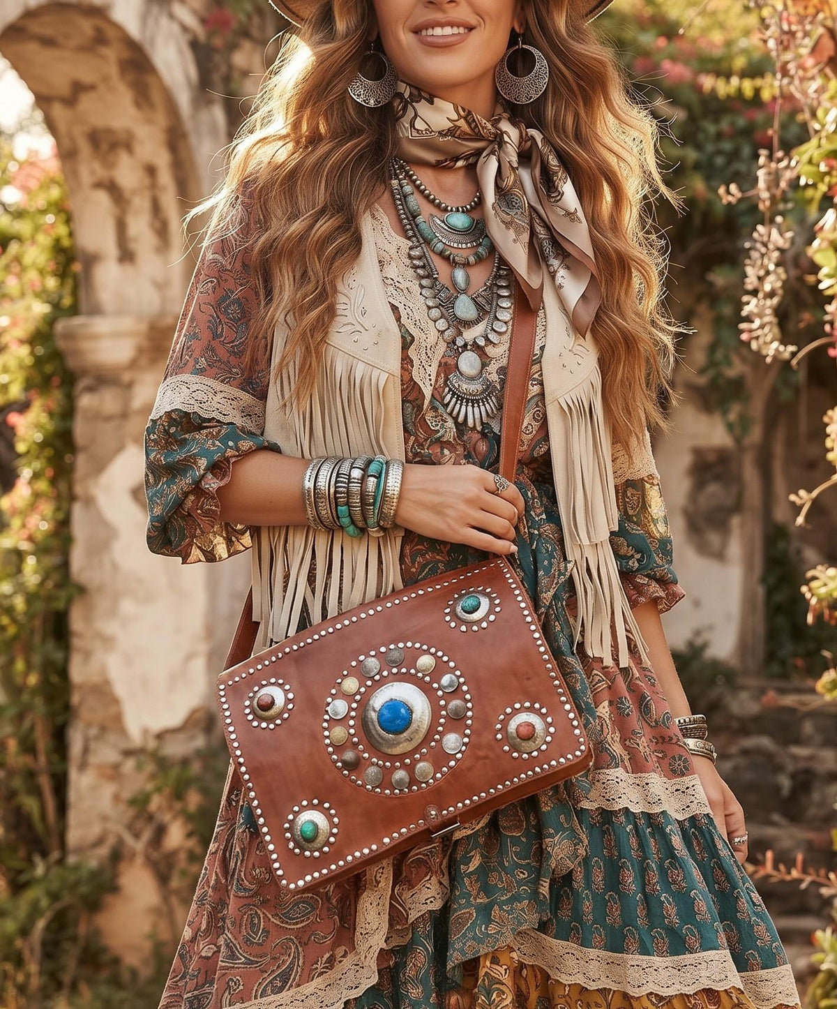 Vintage Moroccan Leather Messenger Bag: Studded Berber Crossbody Satchel