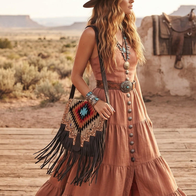 Fringe Leather Bag, Tooled Western Purse, Aztec Inspired Cowgirl Bag, Boho Tassel Handbag, Large Leather Shoulder Bag, Festival Purse