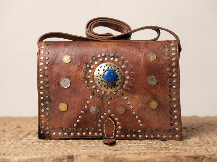 Vintage Moroccan Leather Bag, Berber Messenger Bag, Studded Boho Crossbody, Hippie Shoulder Bag, Moroccan Travel Bag, Leather Satchel