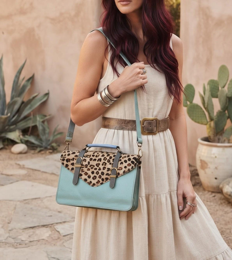 Turquoise Leather Messenger Bag, Cowhide Crossbody Satchel, Leopard Print Leather Bag, Boho Shoulder Bag, Western Gift for Her