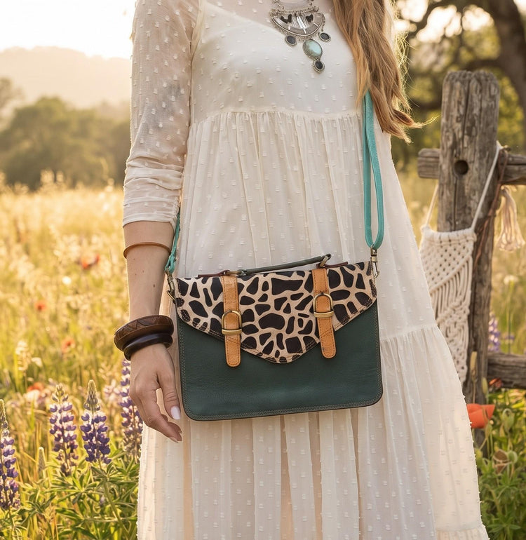 Dark Green Leather Briefcase, Cowhide Messenger Bag, Giraffe Print Leather Satchel, Womens Work Bag, Boho Shoulder Bag, Gift for Her