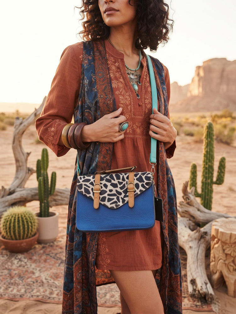 Dark Blue Leather Briefcase, Giraffe Cowhide Messenger Bag, Womens Leather Satchel, Handmade Work Bag, Boho Shoulder Bag, Gift for Her
