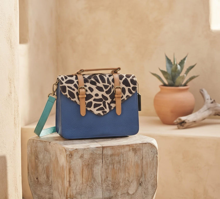 Dark Blue Leather Briefcase, Giraffe Cowhide Messenger Bag, Womens Leather Satchel, Handmade Work Bag, Boho Shoulder Bag, Gift for Her