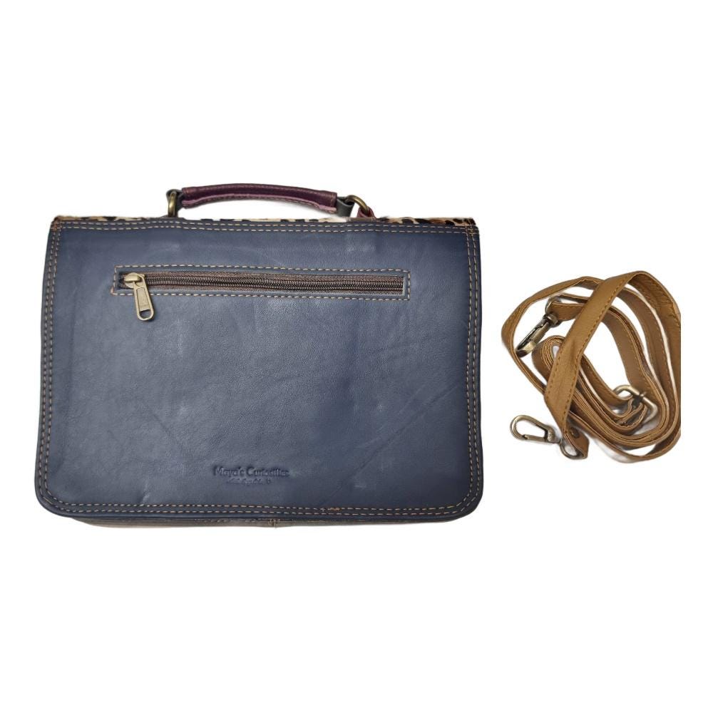 Dark Blue Leather Briefcase, Giraffe Cowhide Messenger Bag, Womens Leather Satchel, Handmade Work Bag, Boho Shoulder Bag, Gift for Her