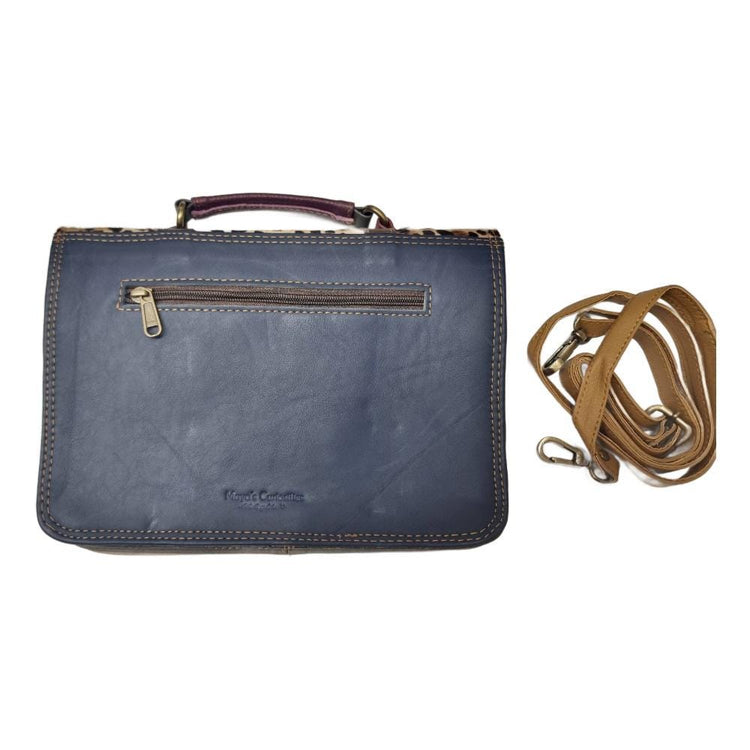 Dark Blue Leather Briefcase, Giraffe Cowhide Messenger Bag, Womens Leather Satchel, Handmade Work Bag, Boho Shoulder Bag, Gift for Her