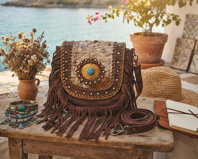 Boho Fringe Leather Crossbody Bag, Cowhide Western Purse, Tan Brown Cowgirl Bag, Hippie Festival Tassel Handbag
