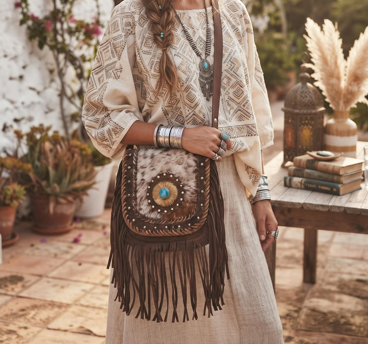 Boho Fringe Leather Crossbody Bag, Cowhide Western Purse, Tan Brown Cowgirl Bag, Hippie Festival Tassel Handbag