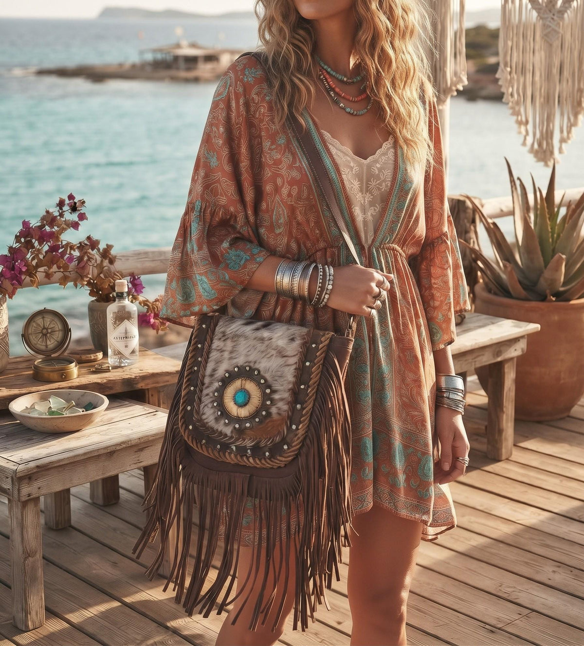 Boho Fringe Leather Crossbody Bag, Cowhide Western Purse, Tan Brown Cowgirl Bag, Hippie Festival Tassel Handbag