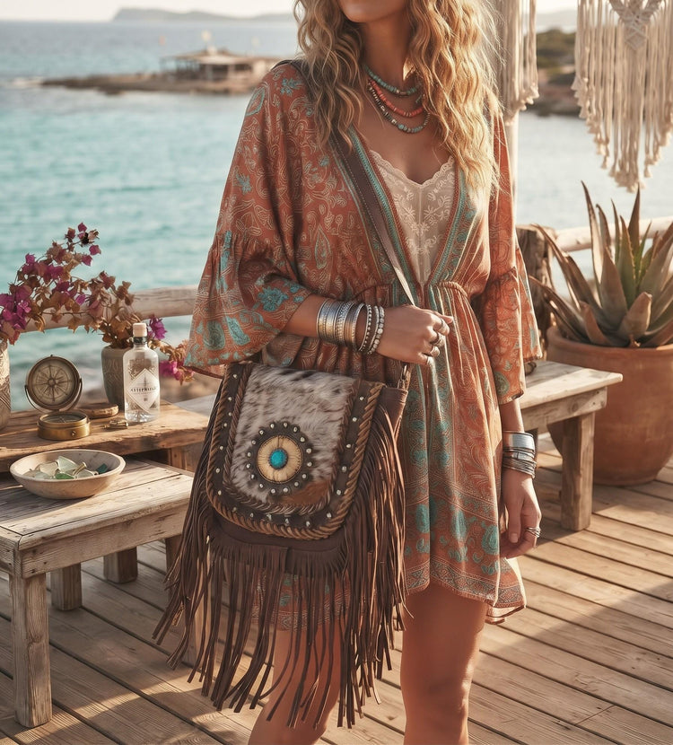 Boho Fringe Leather Crossbody Bag, Cowhide Western Purse, Tan Brown Cowgirl Bag, Hippie Festival Tassel Handbag