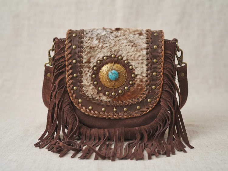Boho Fringe Leather Crossbody Bag, Cowhide Western Purse, Tan Brown Cowgirl Bag, Hippie Festival Tassel Handbag