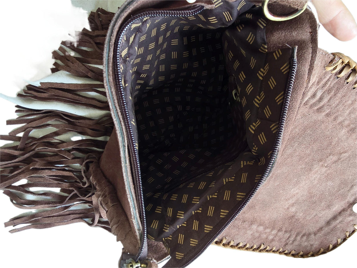 Boho Fringe Leather Crossbody Bag, Cowhide Western Purse, Tan Brown Cowgirl Bag, Hippie Festival Tassel Handbag