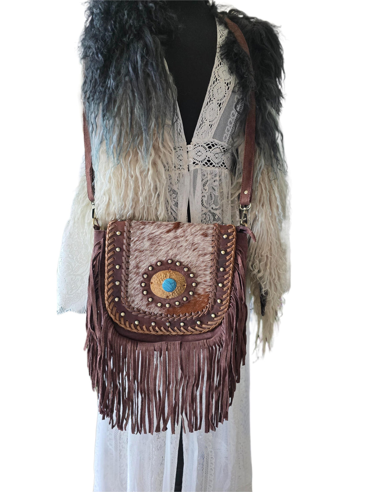 Boho Fringe Leather Crossbody Bag, Cowhide Western Purse, Tan Brown Cowgirl Bag, Hippie Festival Tassel Handbag