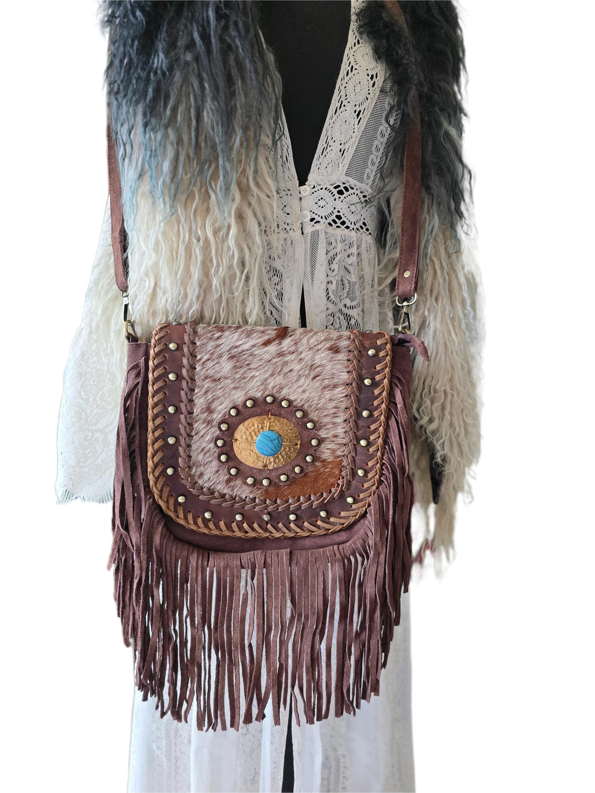 Boho Fringe Leather Crossbody Bag, Cowhide Western Purse, Tan Brown Cowgirl Bag, Hippie Festival Tassel Handbag