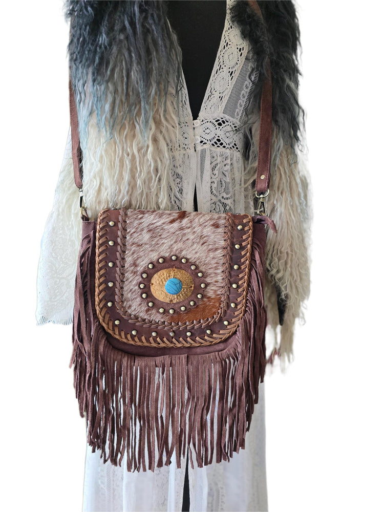 Boho Fringe Leather Crossbody Bag, Cowhide Western Purse, Tan Brown Cowgirl Bag, Hippie Festival Tassel Handbag