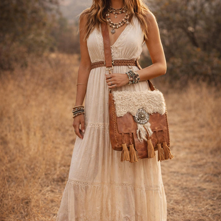 Boho Leather Crossbody Bag: Fringe Shearling & Cowrie Shells
