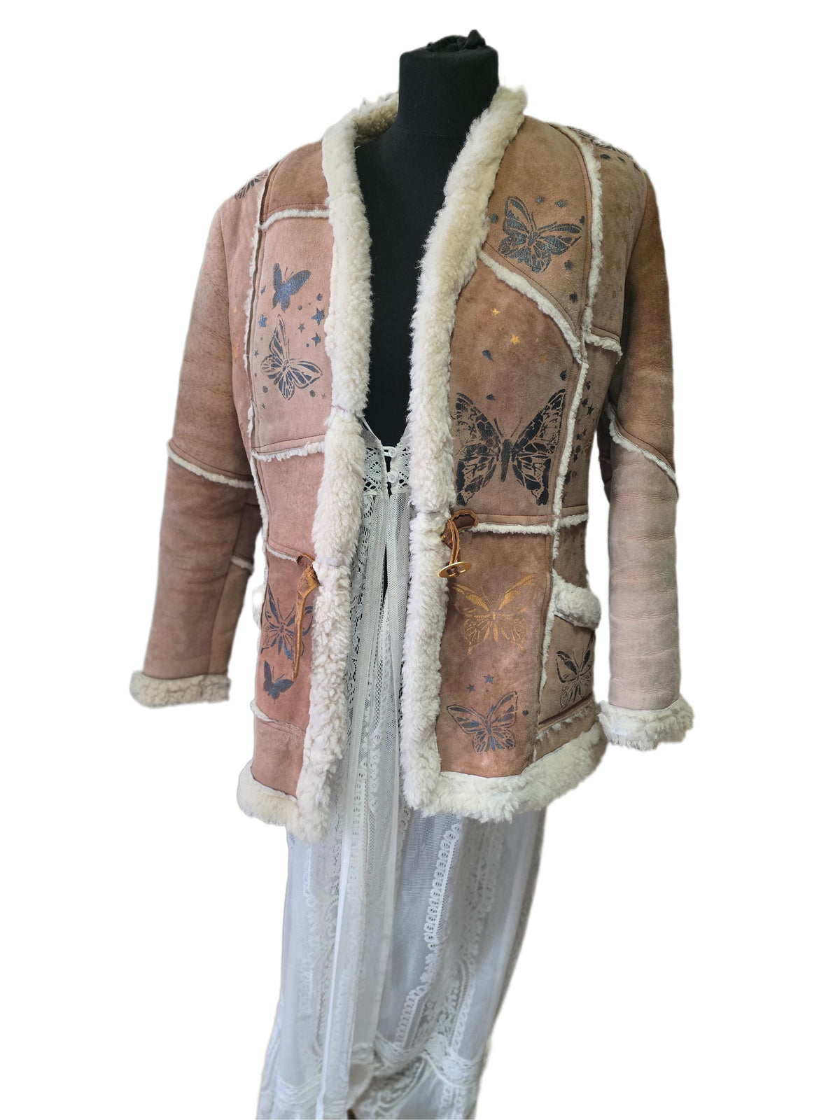 Vintage 1970s Shearling Coat S, Butterfly Leather Jacket, 70s Hippie Coat, Boho Sheepskin Winter Jacket, Festival Afghan Coat