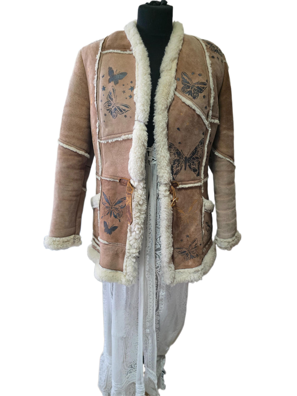 Vintage 1970s Shearling Coat S, Butterfly Leather Jacket, 70s Hippie Coat, Boho Sheepskin Winter Jacket, Festival Afghan Coat