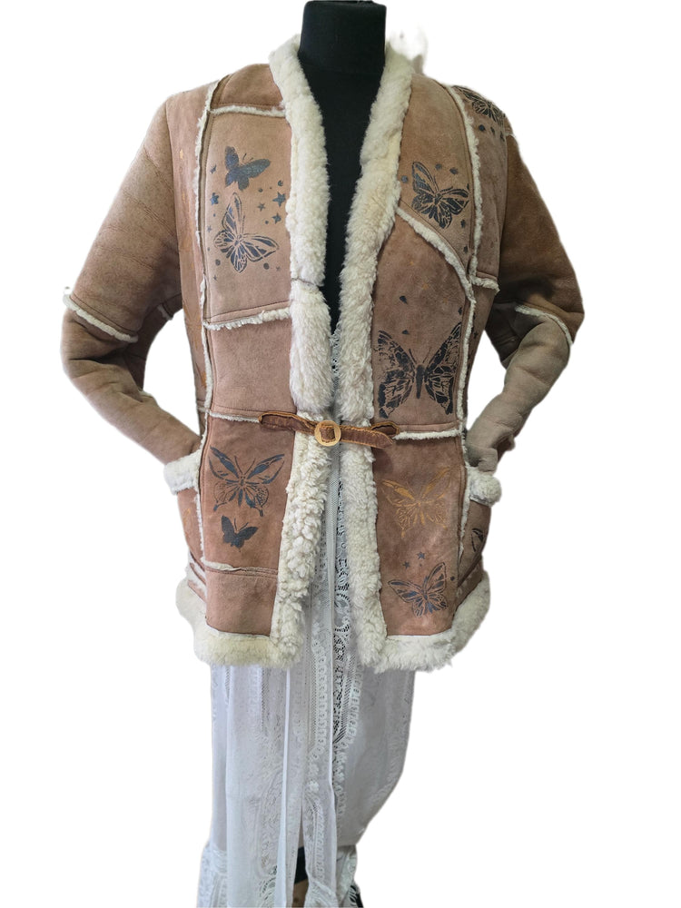 Vintage 1970s Shearling Coat S, Butterfly Leather Jacket, 70s Hippie Coat, Boho Sheepskin Winter Jacket, Festival Afghan Coat