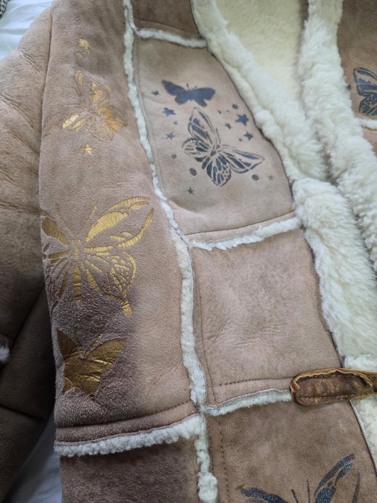 Vintage 1970s Shearling Coat S, Butterfly Leather Jacket, 70s Hippie Coat, Boho Sheepskin Winter Jacket, Festival Afghan Coat