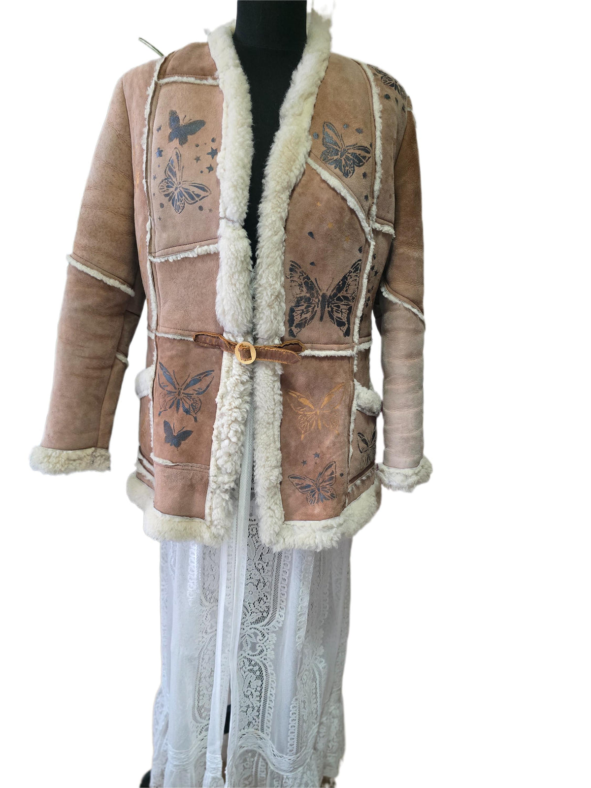 Vintage 1970s Shearling Coat S, Butterfly Leather Jacket, 70s Hippie Coat, Boho Sheepskin Winter Jacket, Festival Afghan Coat