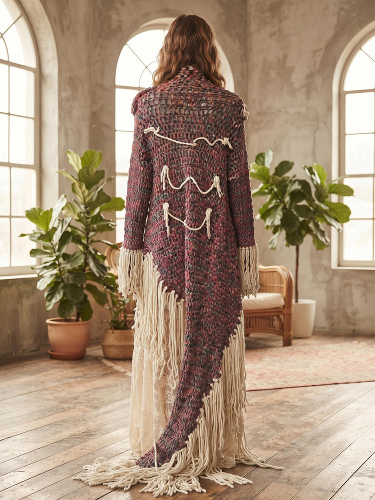 Asymmetric Fringe Knit Coat L, Handmade Boho Steampunk Jacket, Long Festival Coat, Colourful Hand Knitted Cottagecore Cardigan