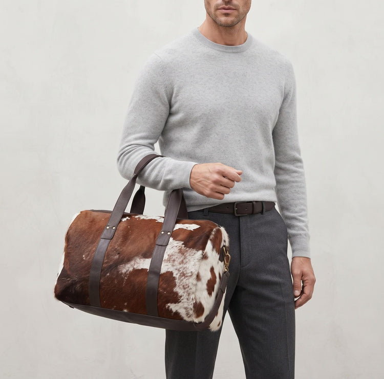 Reversible Cowhide Travel Bag, Brown White Leather Duffle, Western Weekender Bag, Boho Travel Holdall, Unisex Cowhide Bag, Unique Gift