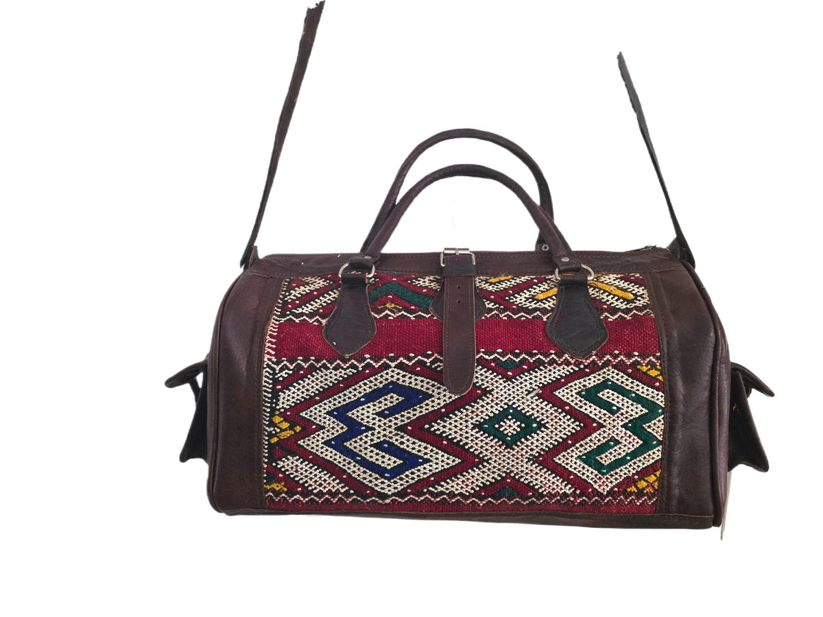 Vintage Moroccan Kilim Carpet Travel Bag, Large Leather Duffle, Boho Weekender Holdall, Hippie Festival Bag, Vintage Leather Bag