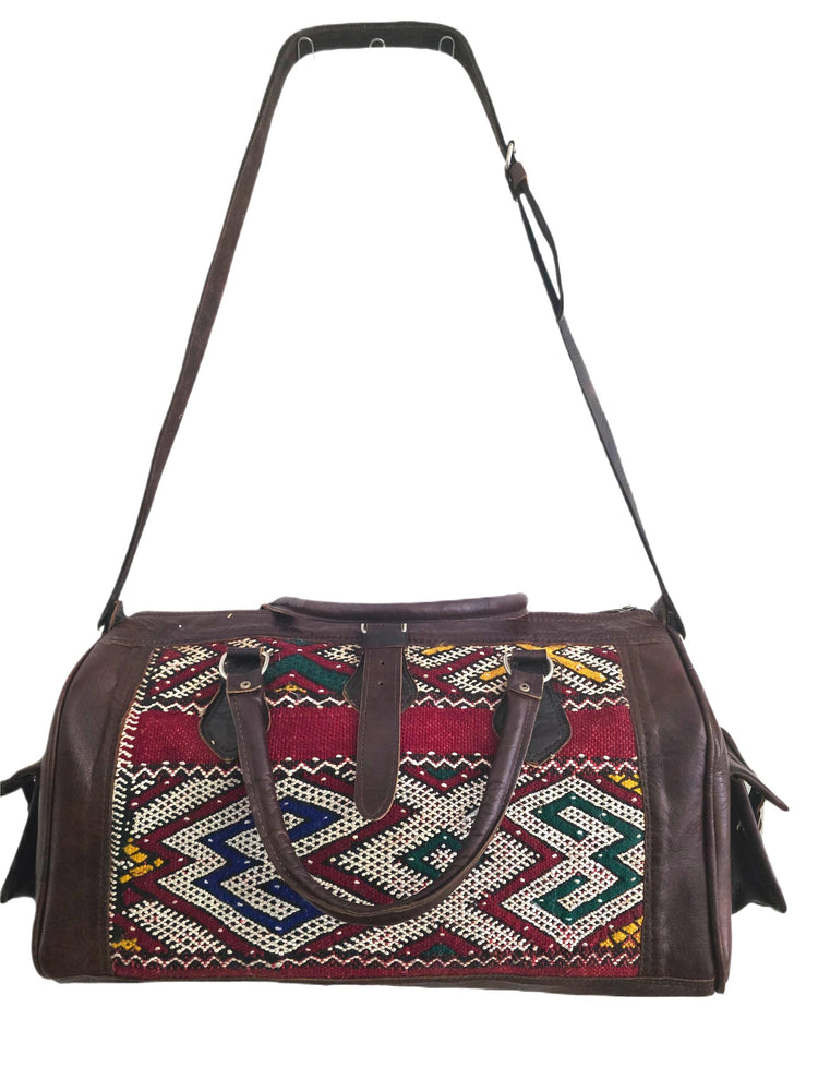Vintage Moroccan Kilim Carpet Travel Bag, Large Leather Duffle, Boho Weekender Holdall, Hippie Festival Bag, Vintage Leather Bag