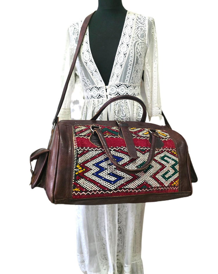 Vintage Moroccan Kilim Carpet Travel Bag, Large Leather Duffle, Boho Weekender Holdall, Hippie Festival Bag, Vintage Leather Bag