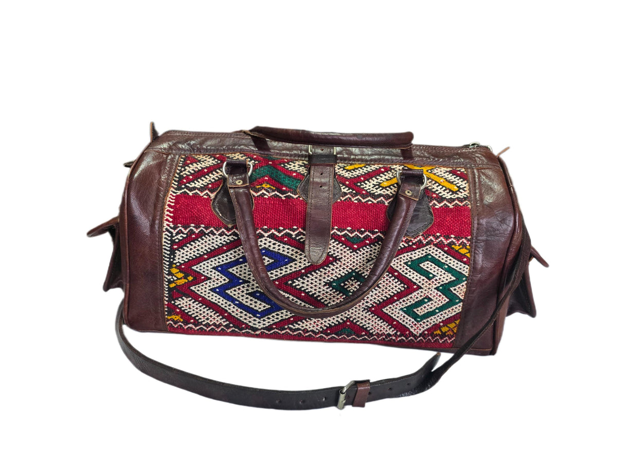 Vintage Moroccan Kilim Carpet Travel Bag, Large Leather Duffle, Boho Weekender Holdall, Hippie Festival Bag, Vintage Leather Bag