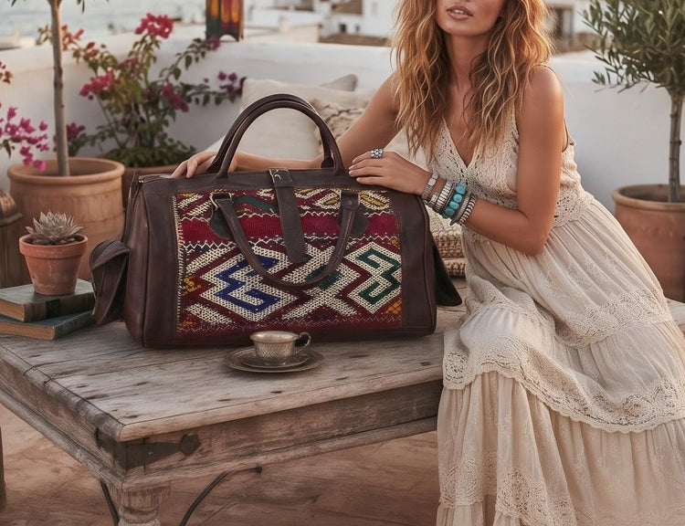 Vintage Moroccan Kilim Carpet Travel Bag, Large Leather Duffle, Boho Weekender Holdall, Hippie Festival Bag, Vintage Leather Bag