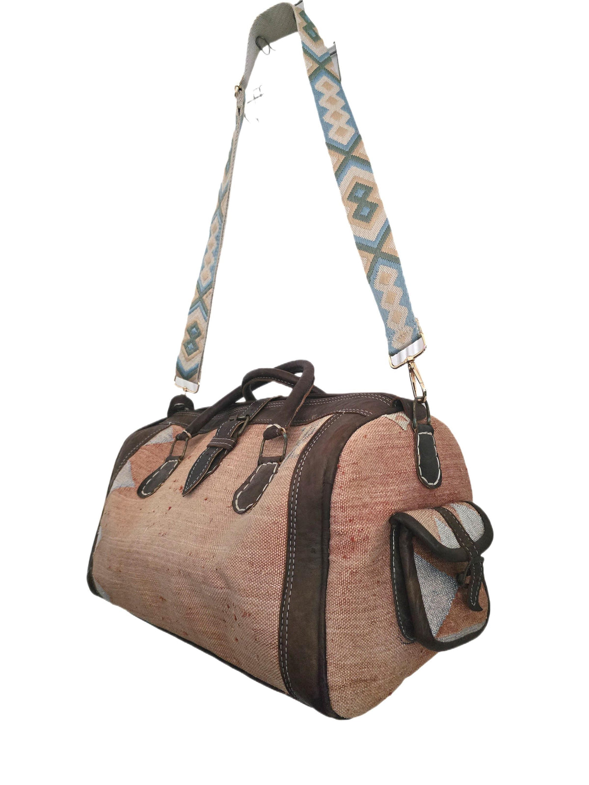 Vintage Moroccan Cactus Silk Bag, Kilim Carpet Duffle, Boho Travel Bag, Leather Weekender, Yoga Gym Bag, Carry On Hand Luggage