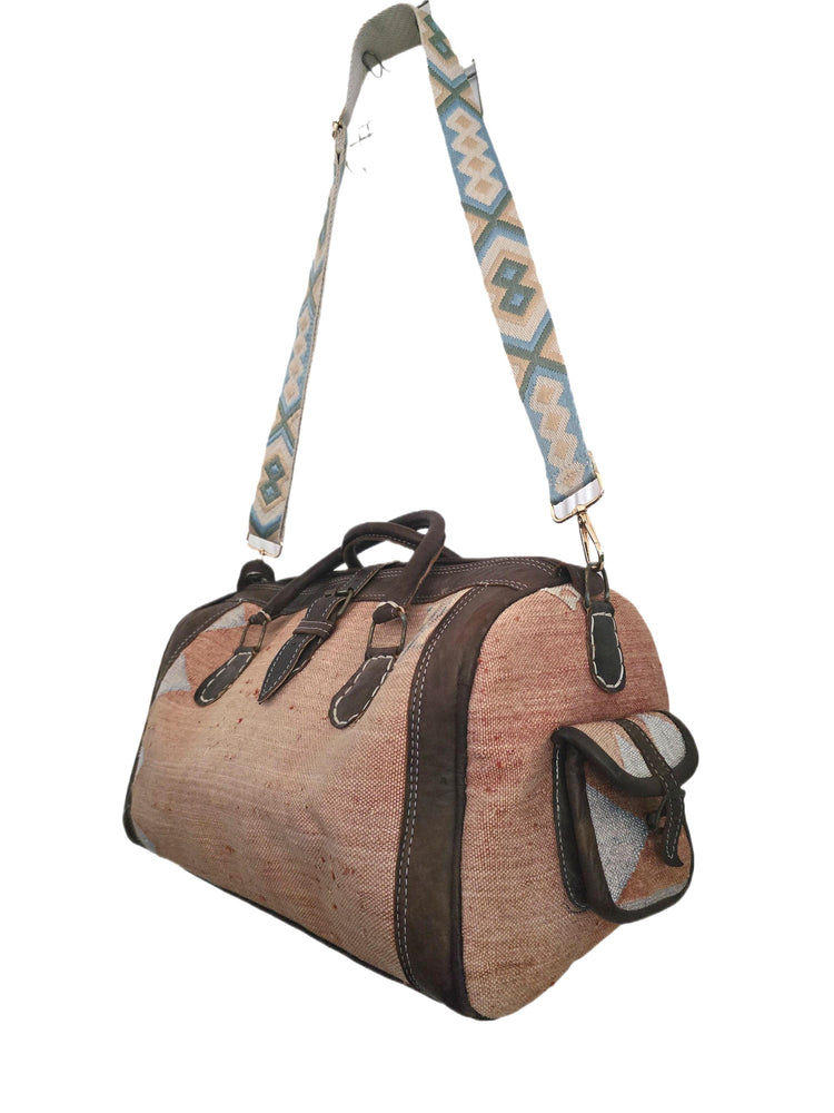 Vintage Moroccan Cactus Silk Bag, Kilim Carpet Duffle, Boho Travel Bag, Leather Weekender, Yoga Gym Bag, Carry On Hand Luggage