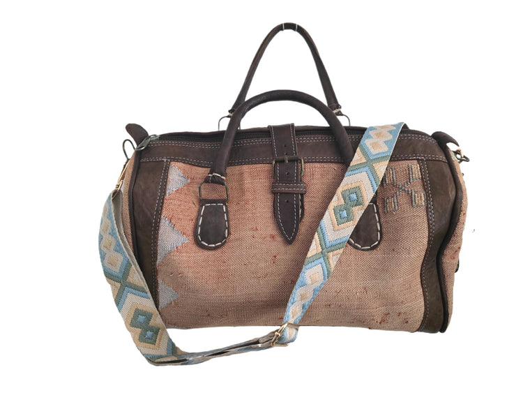 Vintage Moroccan Cactus Silk Bag, Kilim Carpet Duffle, Boho Travel Bag, Leather Weekender, Yoga Gym Bag, Carry On Hand Luggage