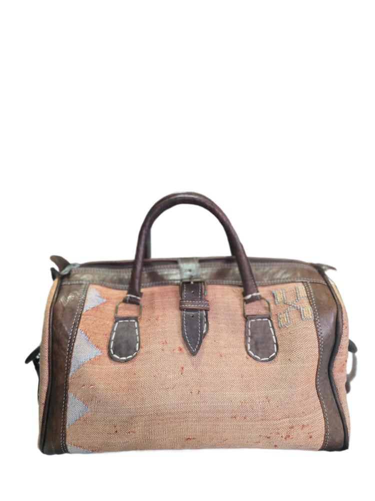 Vintage Moroccan Cactus Silk Bag, Kilim Carpet Duffle, Boho Travel Bag, Leather Weekender, Yoga Gym Bag, Carry On Hand Luggage