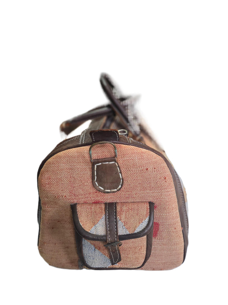 Vintage Moroccan Cactus Silk Bag, Kilim Carpet Duffle, Boho Travel Bag, Leather Weekender, Yoga Gym Bag, Carry On Hand Luggage