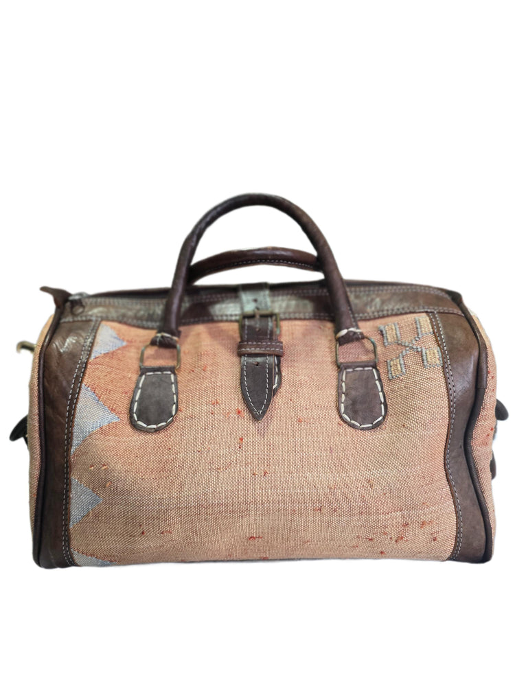 Vintage Moroccan Cactus Silk Bag, Kilim Carpet Duffle, Boho Travel Bag, Leather Weekender, Yoga Gym Bag, Carry On Hand Luggage