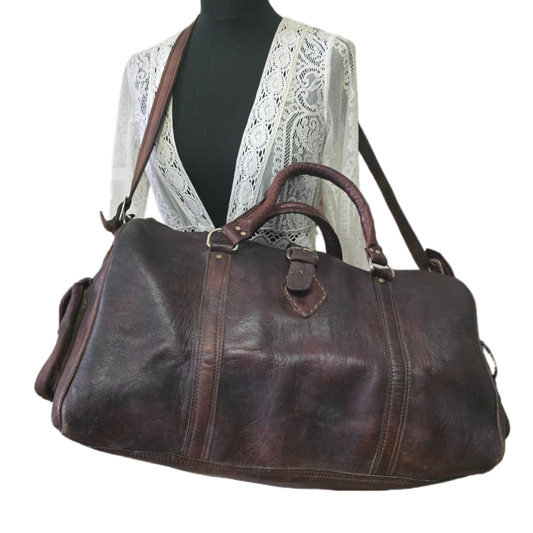 Vintage Dark Brown Leather Travel Bag, Moroccan Leather Duffle, Boho Hippie Weekender, Unisex Hand Luggage, Mens Womens Travel Bag