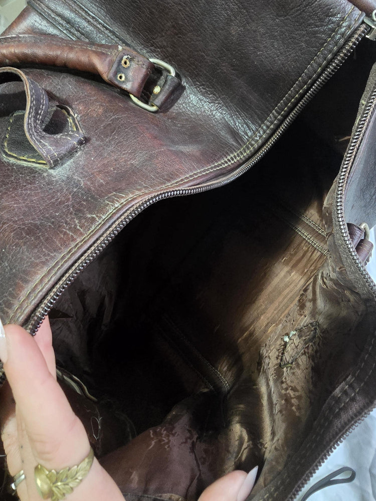 Vintage Dark Brown Leather Travel Bag, Moroccan Leather Duffle, Boho Hippie Weekender, Unisex Hand Luggage, Mens Womens Travel Bag