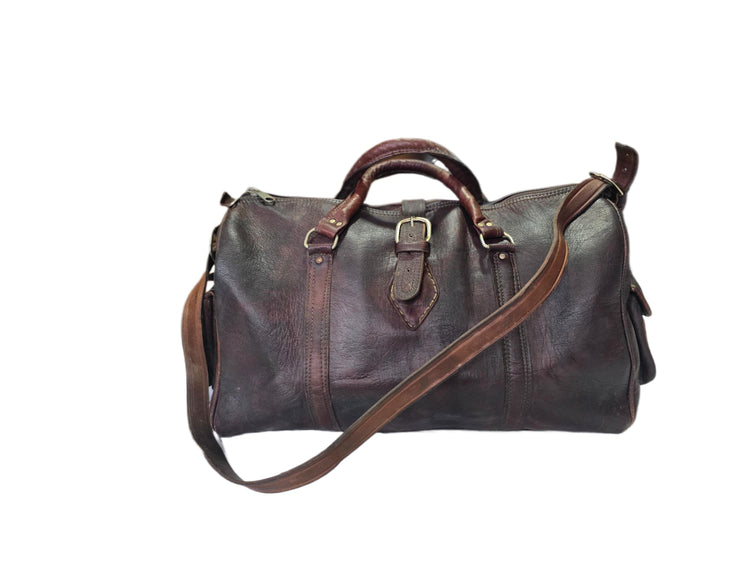 Vintage Dark Brown Leather Travel Bag, Moroccan Leather Duffle, Boho Hippie Weekender, Unisex Hand Luggage, Mens Womens Travel Bag