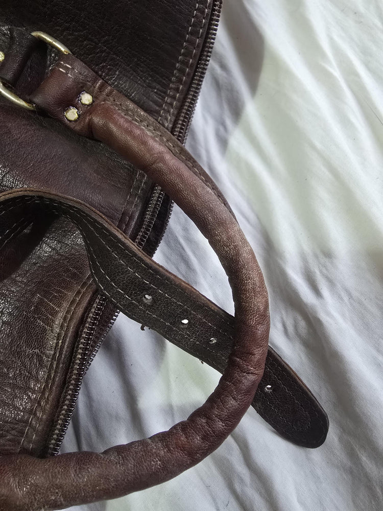 Vintage Dark Brown Leather Travel Bag, Moroccan Leather Duffle, Boho Hippie Weekender, Unisex Hand Luggage, Mens Womens Travel Bag