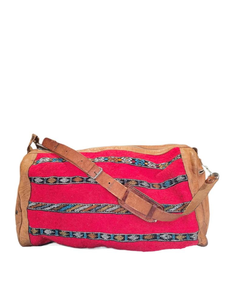 Vintage Moroccan Kilim Carpet Travel Bag, Large Leather Duffle, Boho Weekender Holdall, Hippie Festival Bag, Vintage Leather Bag
