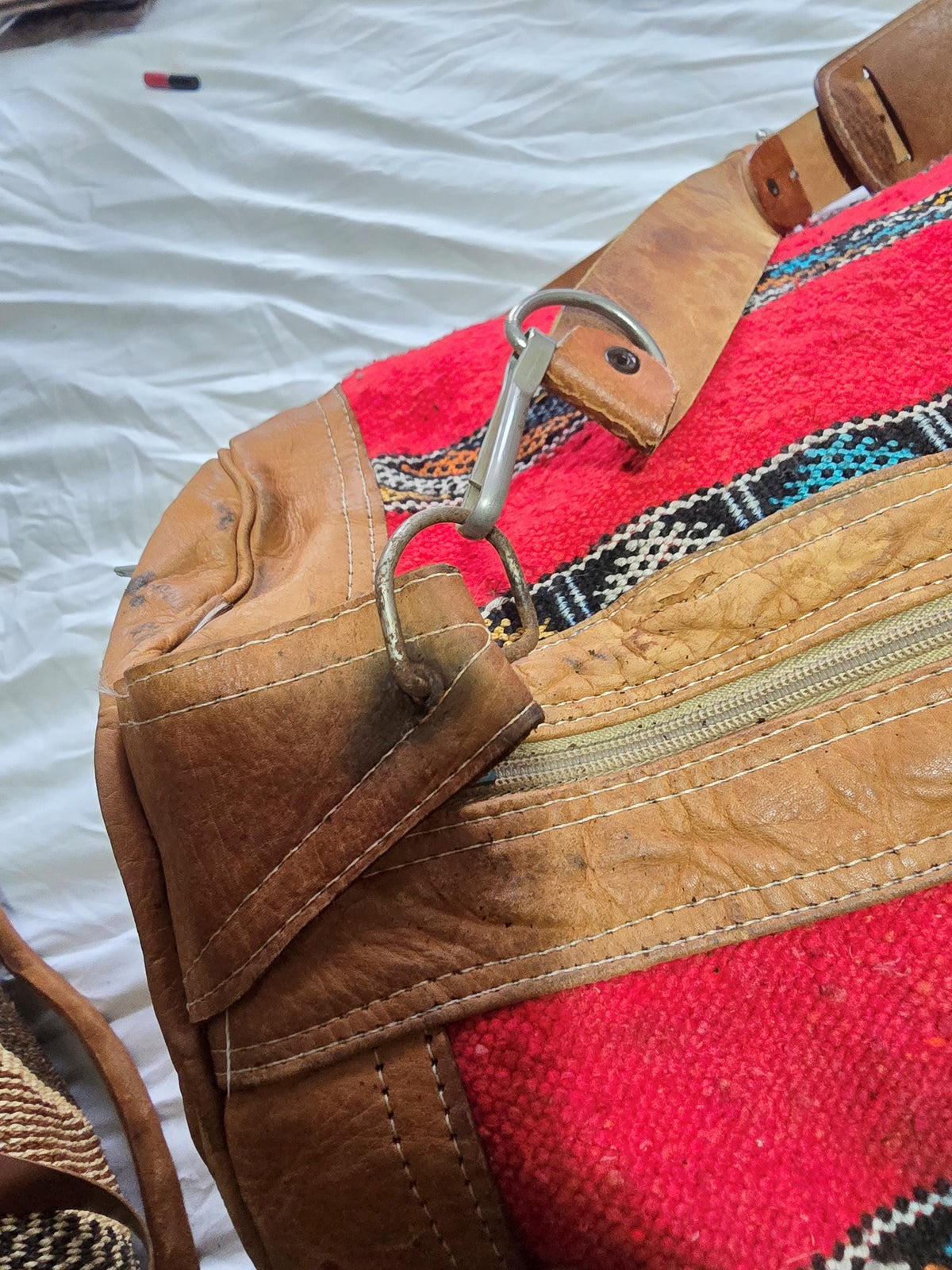 Vintage Moroccan Kilim Carpet Travel Bag, Large Leather Duffle, Boho Weekender Holdall, Hippie Festival Bag, Vintage Leather Bag