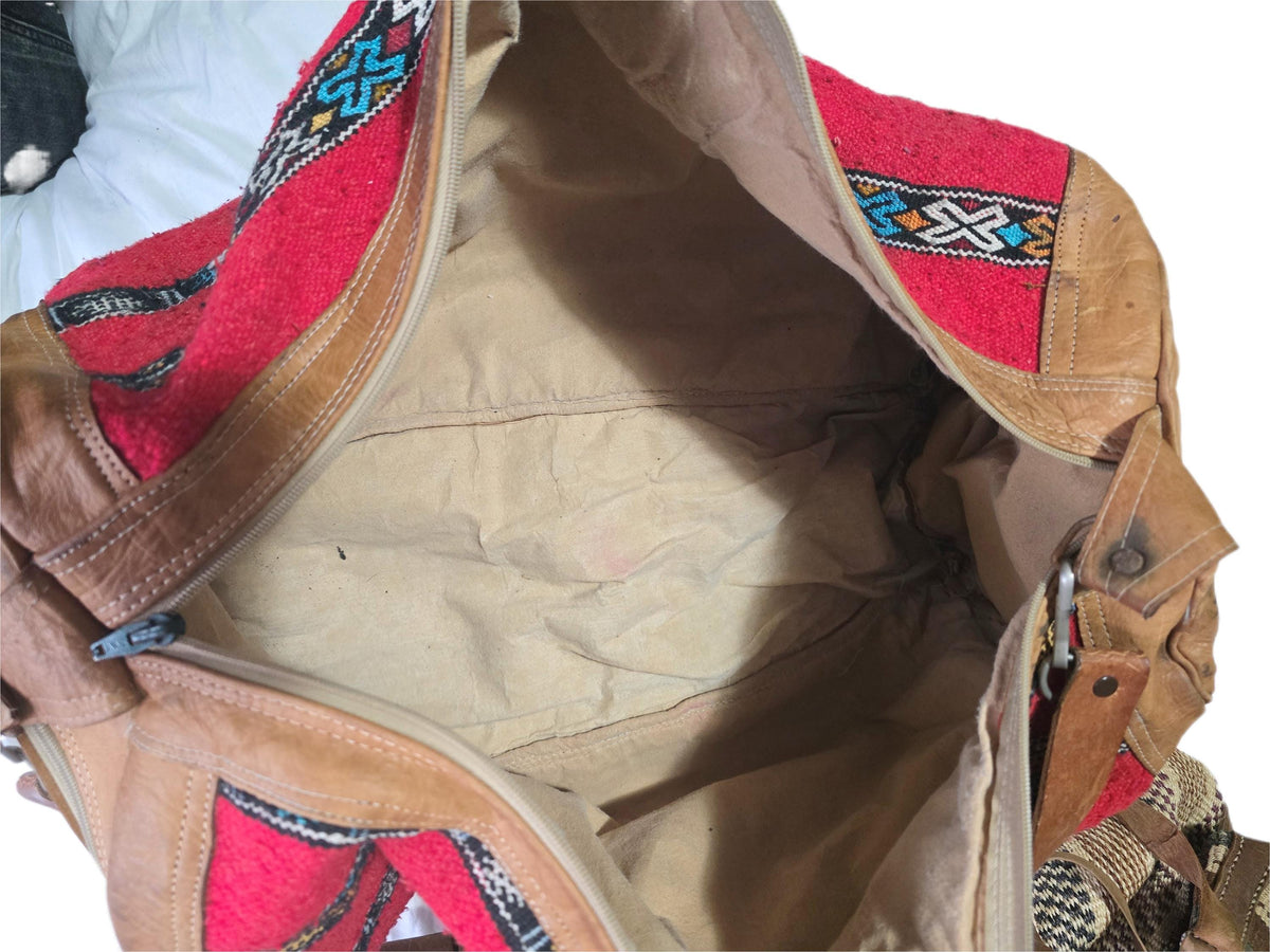 Vintage Moroccan Kilim Carpet Travel Bag, Large Leather Duffle, Boho Weekender Holdall, Hippie Festival Bag, Vintage Leather Bag