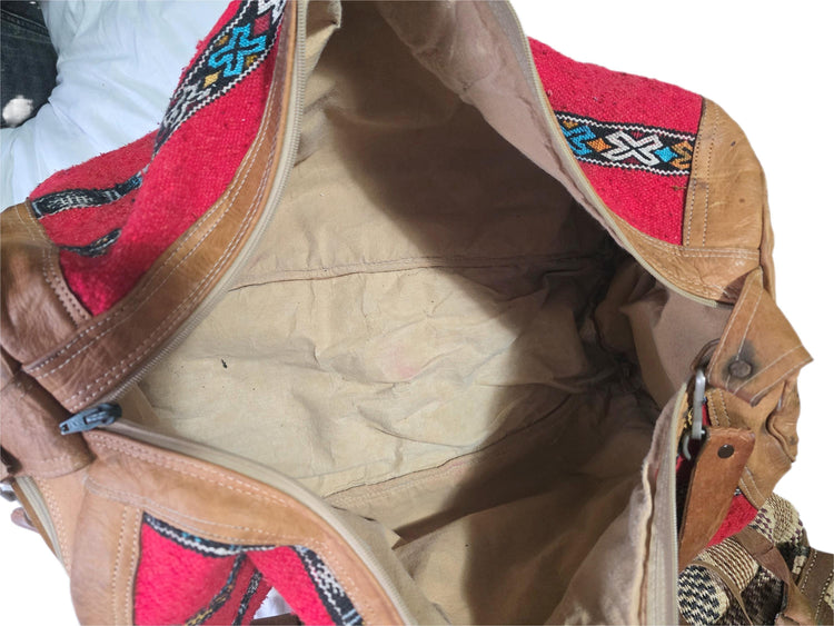 Vintage Moroccan Kilim Carpet Travel Bag, Large Leather Duffle, Boho Weekender Holdall, Hippie Festival Bag, Vintage Leather Bag