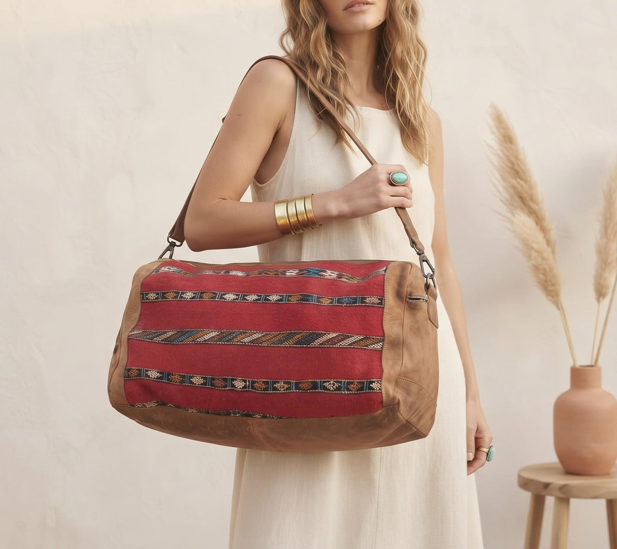 Vintage Moroccan Kilim Carpet Travel Bag, Large Leather Duffle, Boho Weekender Holdall, Hippie Festival Bag, Vintage Leather Bag